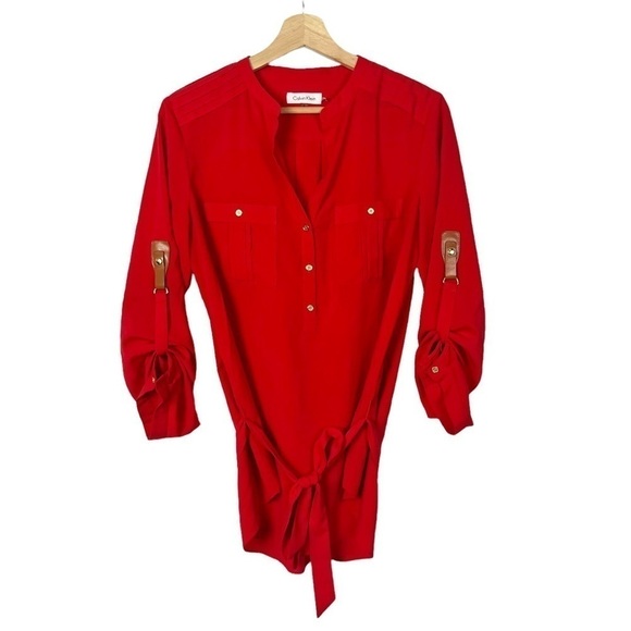 Calvin Klein Red Tie Waist Long Sleeve Blouse S - Picture 1 of 5